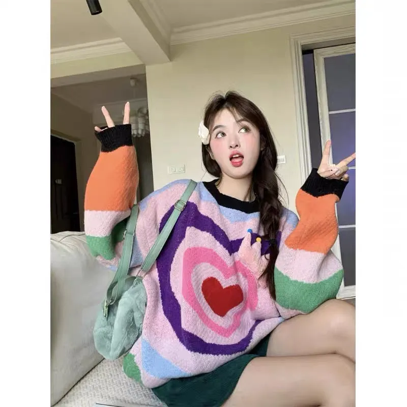 Korean sweet color matching love round neck knitted thick sweater for women autumn and winter 2023 new loose mid-length top A224