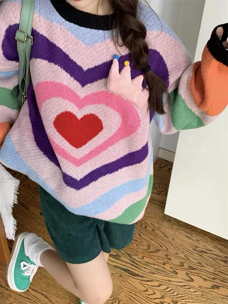 Korean sweet color matching love round neck knitted thick sweater for women autumn and winter 2023 new loose mid-length top A224