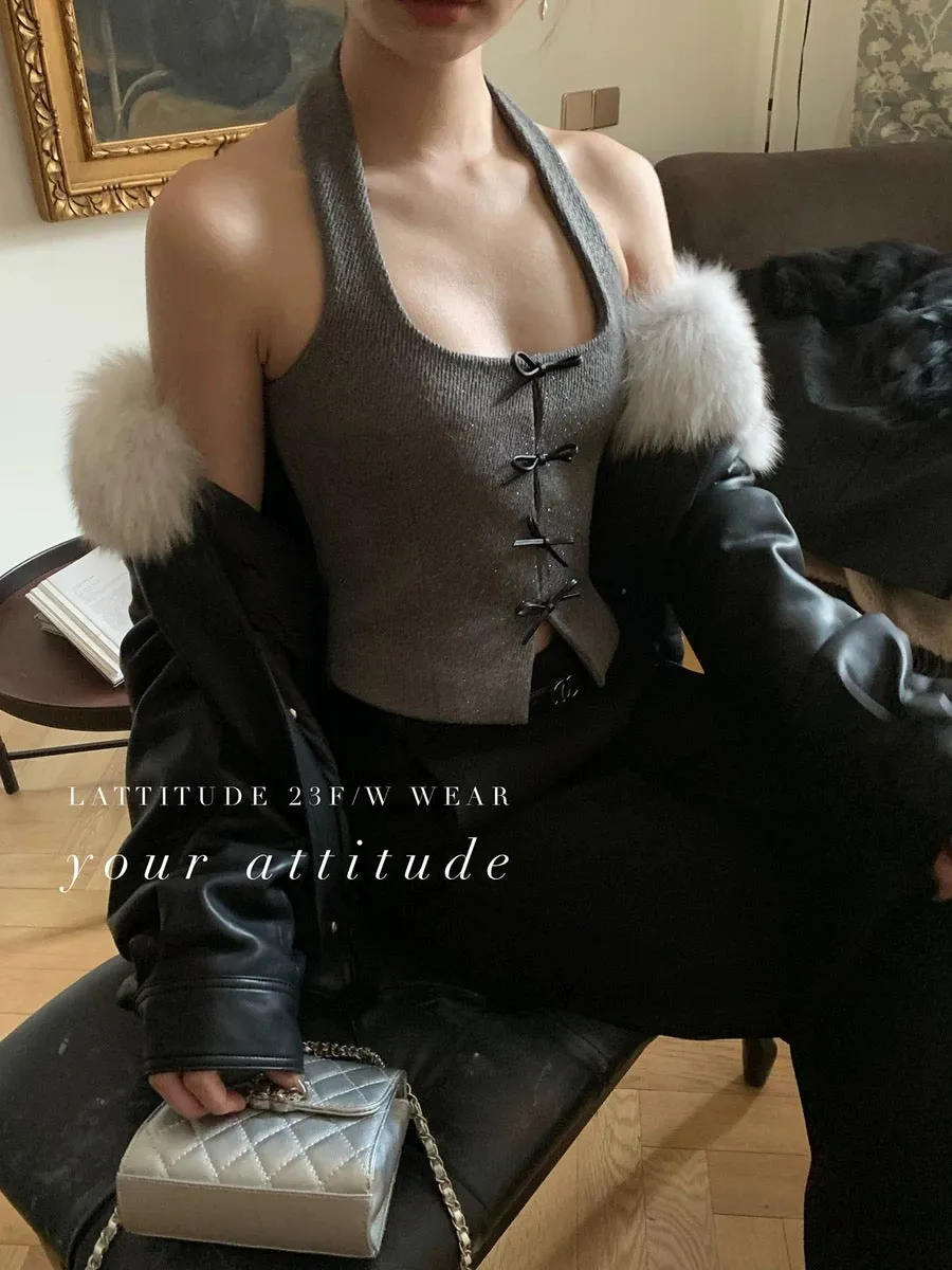 LATTITUDE/Yang Xiaolu pu leather bow halter halter top slim slim vest for women