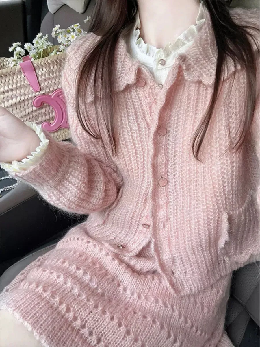 Lazy style age-reducing lapel sweater for women 2023 autumn and winter new soft waxy slim knitted skirt two-piece set T9691