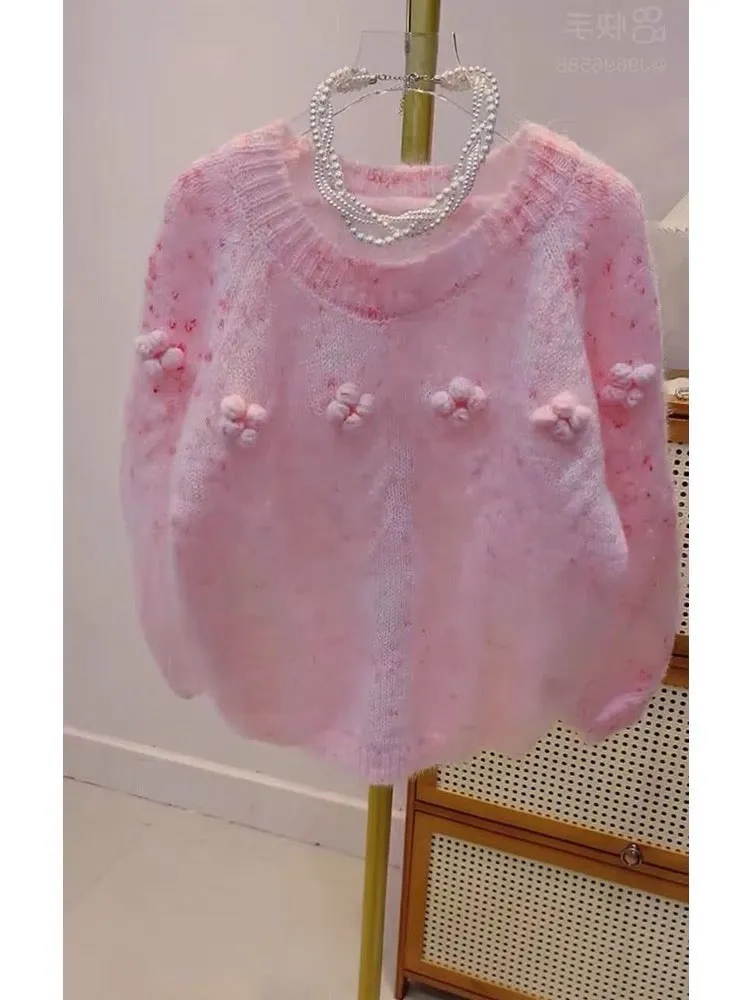 Lazy style design, unique three-dimensional flower pink sweater for autumn outer wear, gentle style artistic student sweater for