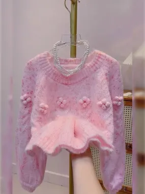 Lazy style design, unique three-dimensional flower pink sweater for autumn outer wear, gentle style artistic student sweater for