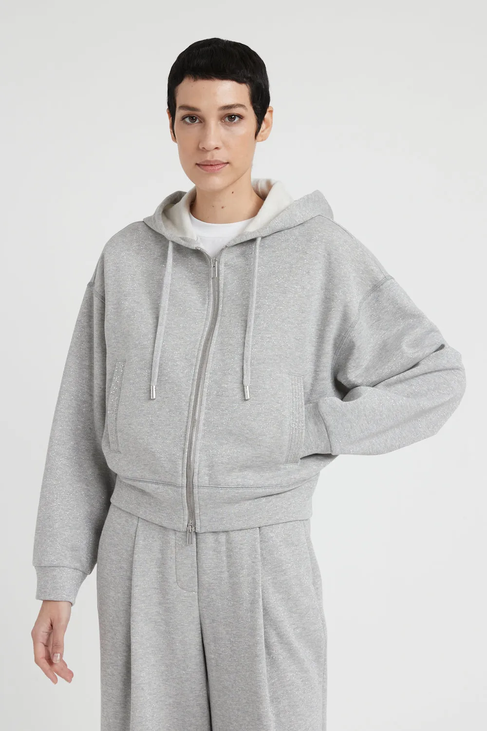 Long-sleeved cotton and Lurex hoodie