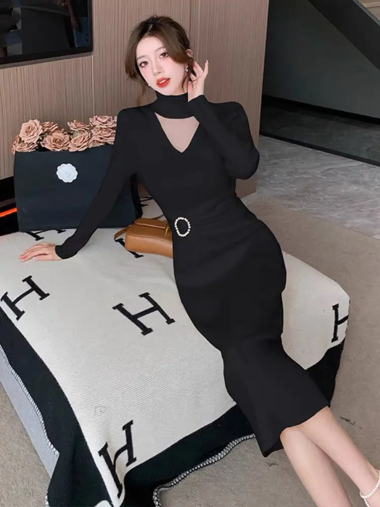 Long-sleeved knitted dress for women, autumn new style, slim fit, ladylike temperament, over-the-knee bottoming, discreet, hip-c