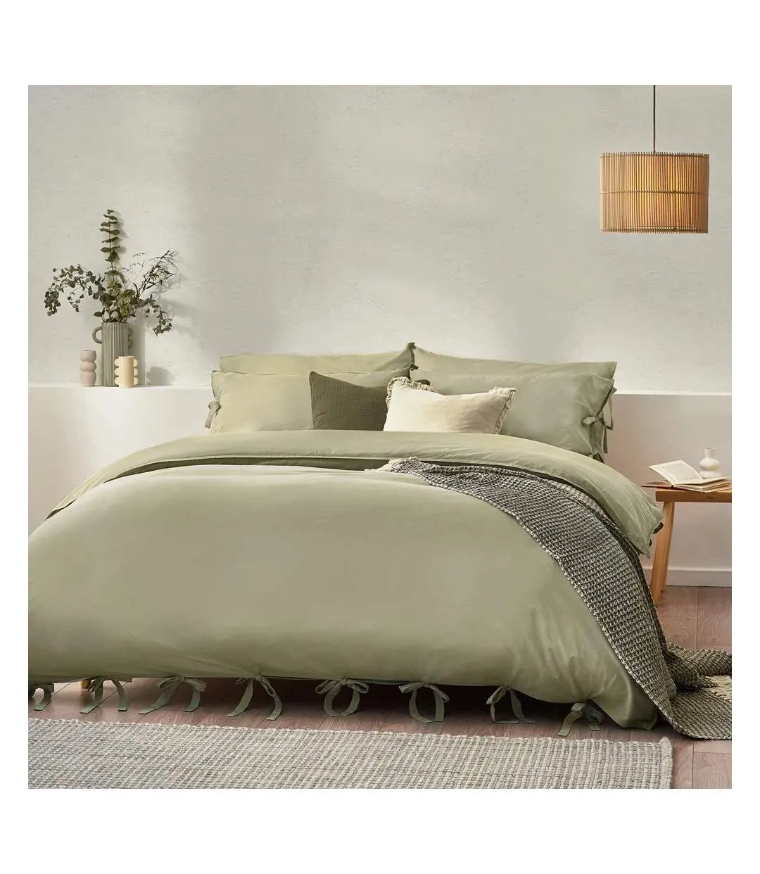 Mallow tie detail cotton bow duvet cover set sage Yard