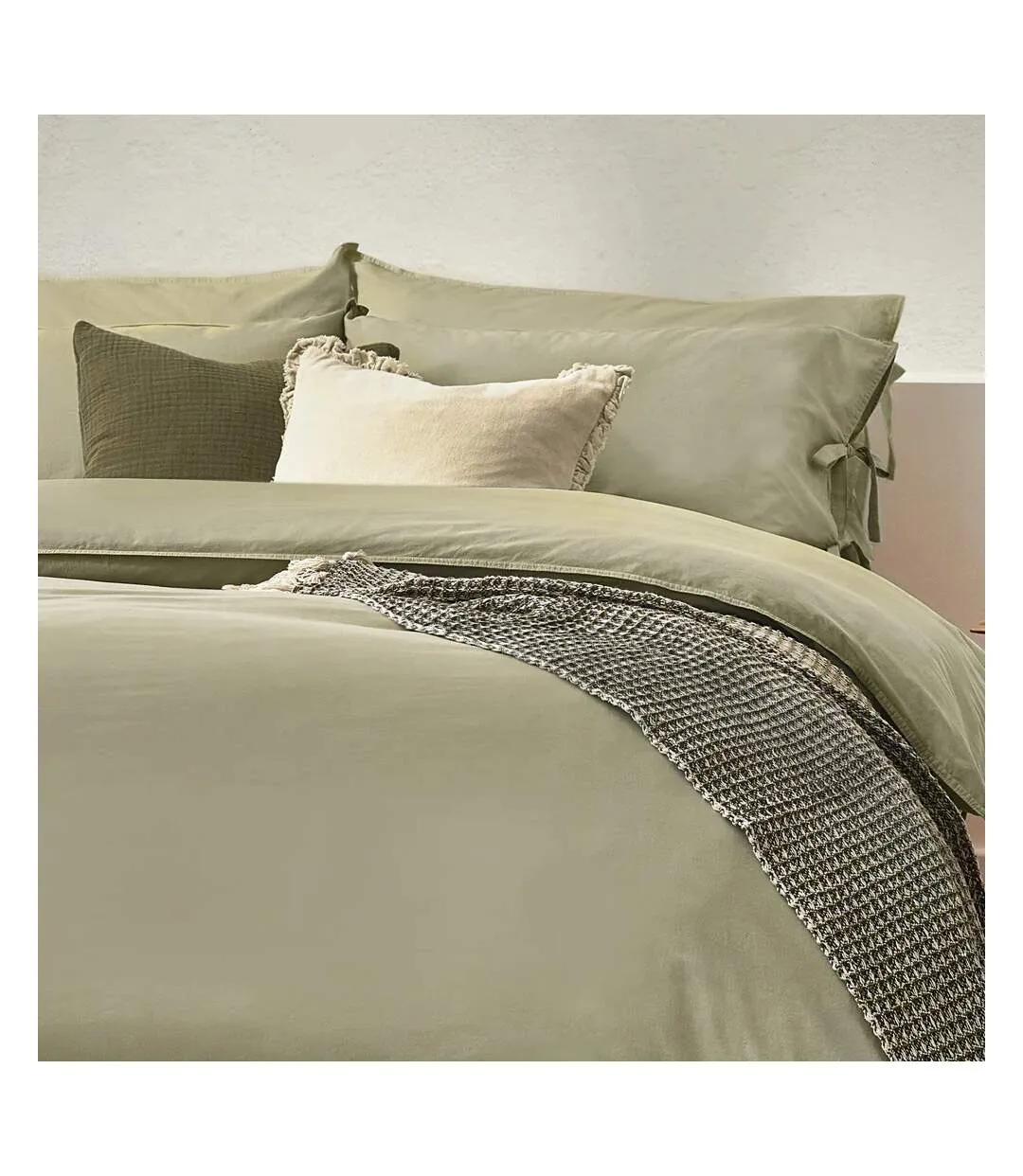 Mallow tie detail cotton bow duvet cover set sage Yard