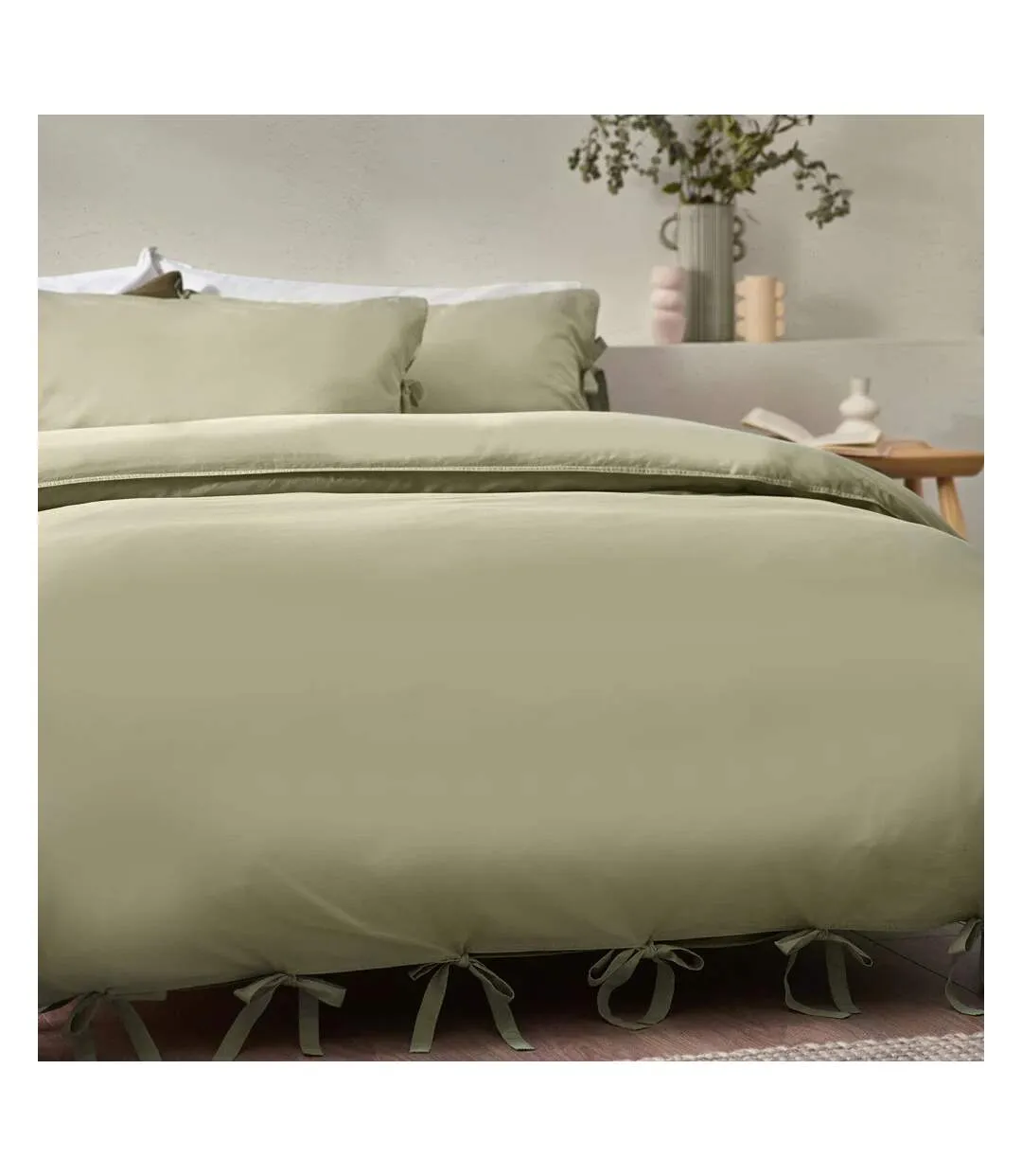 Mallow tie detail cotton bow duvet cover set sage Yard