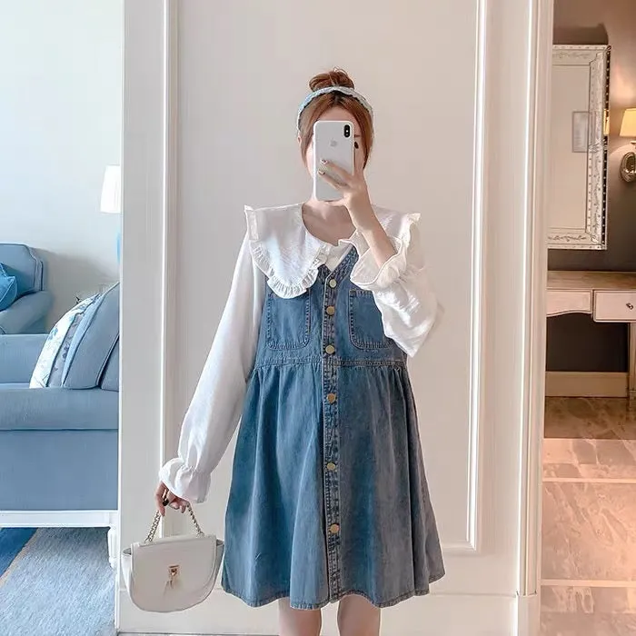 Maternity Autumn Suit Fashionable 2023 Doll Collar Shirt Denim Skirt Vest Dress Two-piece Set Spring Autumn