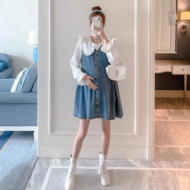 Maternity Autumn Suit Fashionable 2023 Doll Collar Shirt Denim Skirt Vest Dress Two-piece Set Spring Autumn