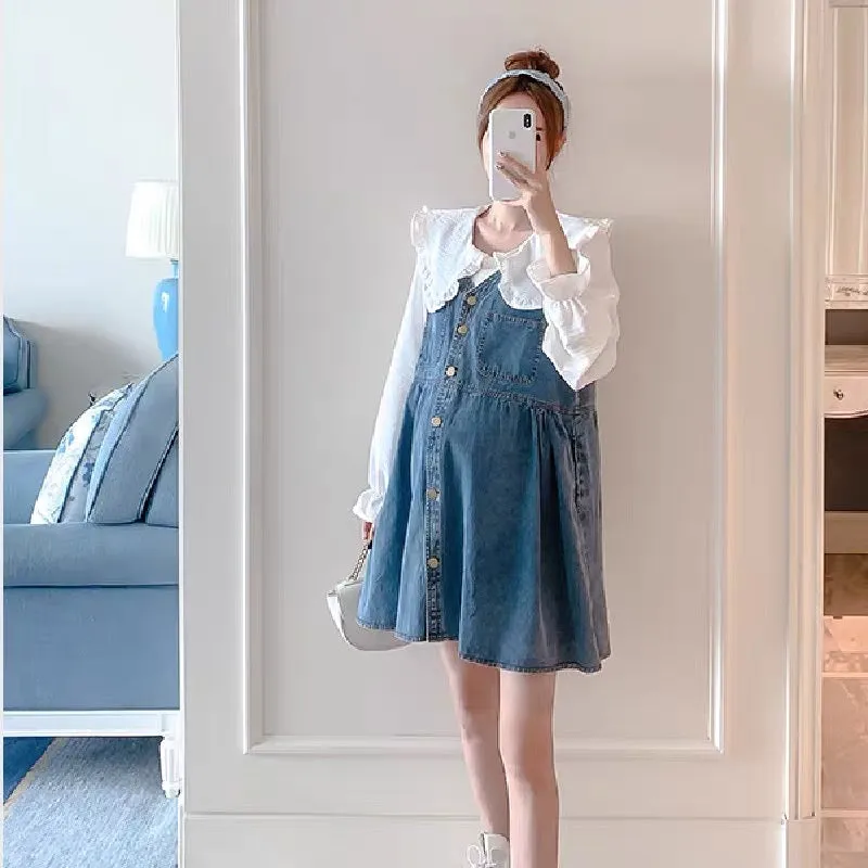 Maternity Autumn Suit Fashionable 2023 Doll Collar Shirt Denim Skirt Vest Dress Two-piece Set Spring Autumn