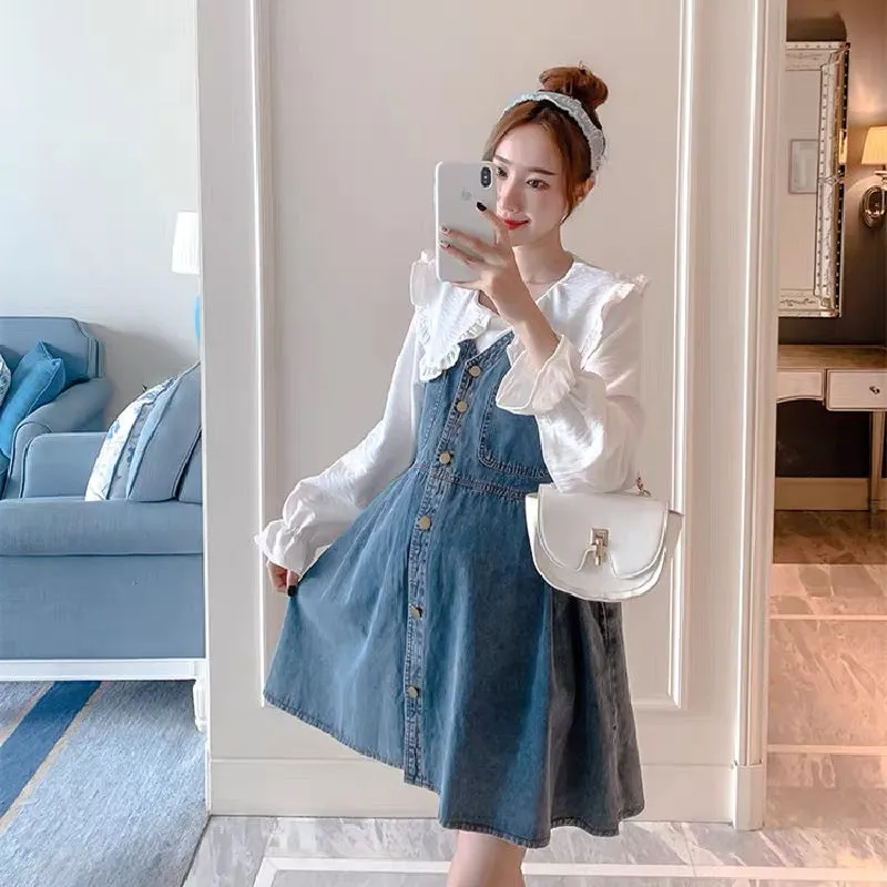 Maternity Autumn Suit Fashionable 2023 Doll Collar Shirt Denim Skirt Vest Dress Two-piece Set Spring Autumn