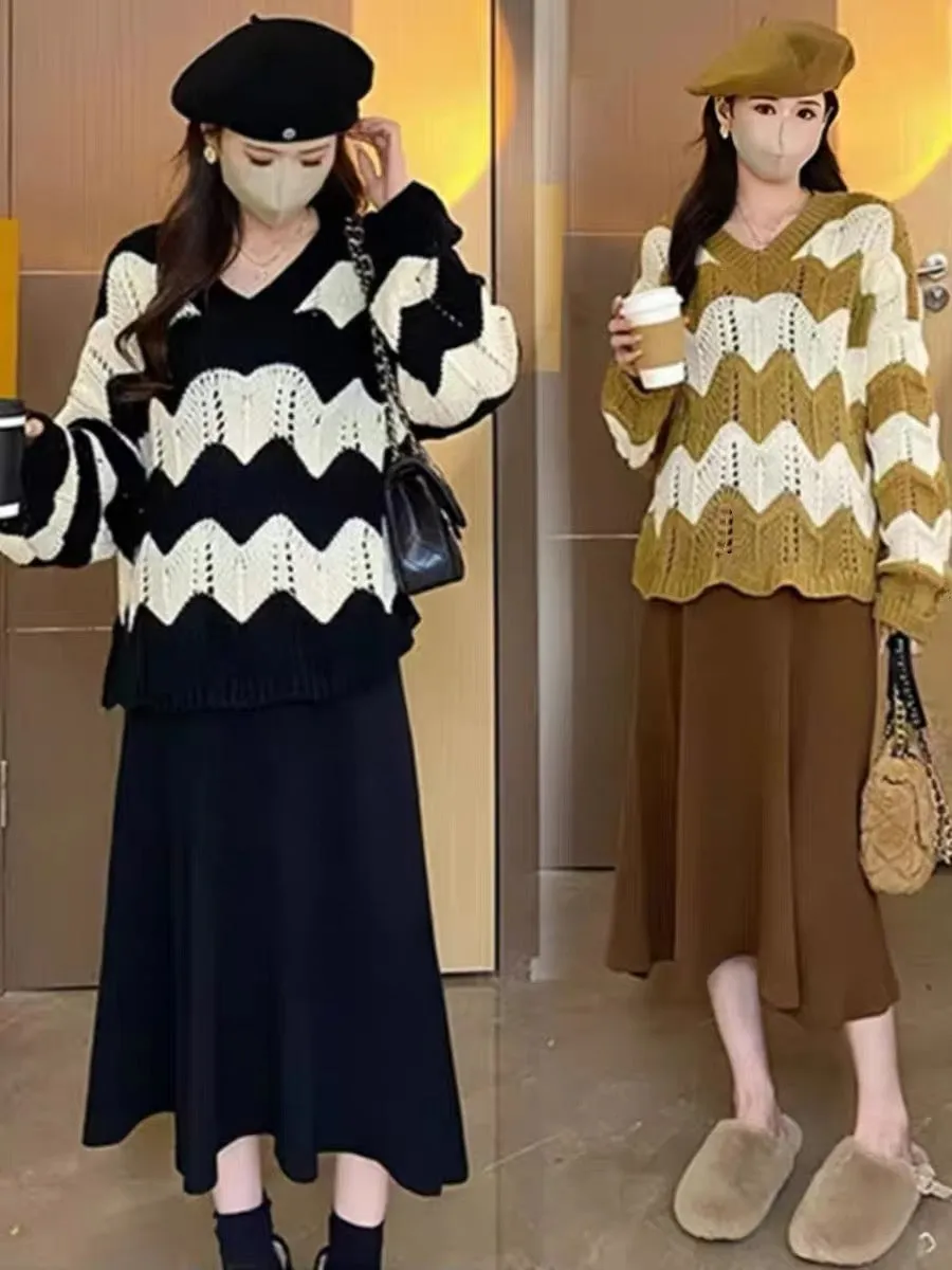 Maternity wear autumn 2023 new suit loose lazy style knitted top vest dress autumn and winter two-piece set