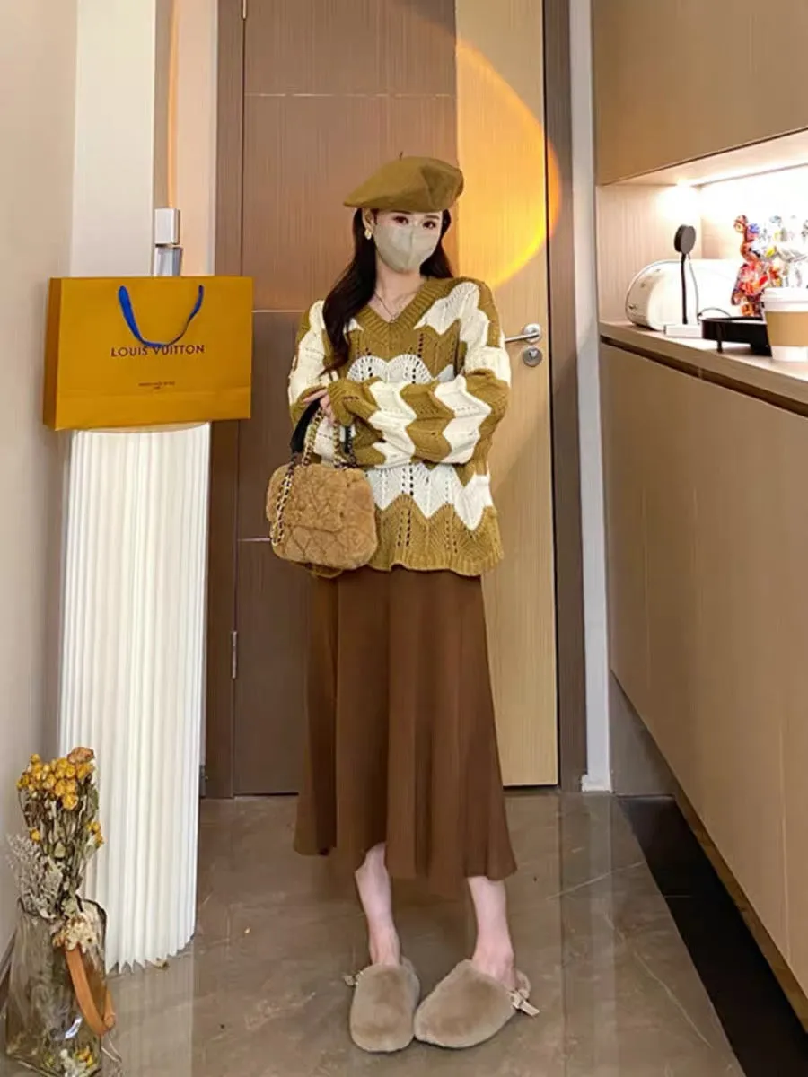 Maternity wear autumn 2023 new suit loose lazy style knitted top vest dress autumn and winter two-piece set