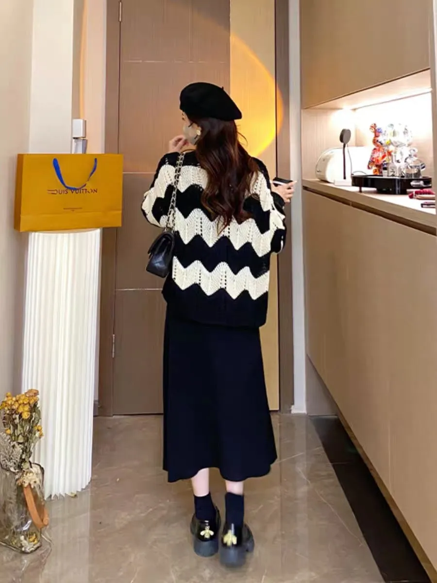 Maternity wear autumn 2023 new suit loose lazy style knitted top vest dress autumn and winter two-piece set