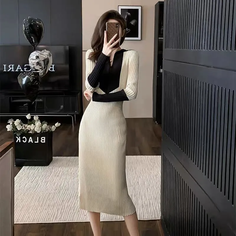 Mid-length inner-layered high-end and elegant French-style small fragrance style color-blocked knitted dress for women in autumn