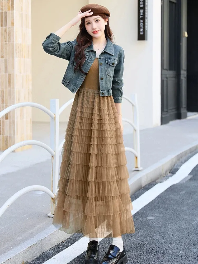 Mid-length vest mesh cake skirt suit for women 2024 autumn new denim short jacket slim two-piece suit