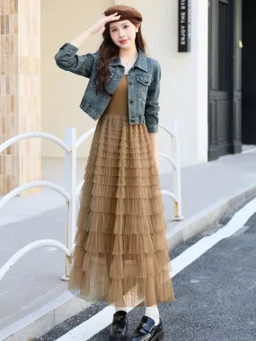 Mid-length vest mesh cake skirt suit for women 2024 autumn new denim short jacket slim two-piece suit