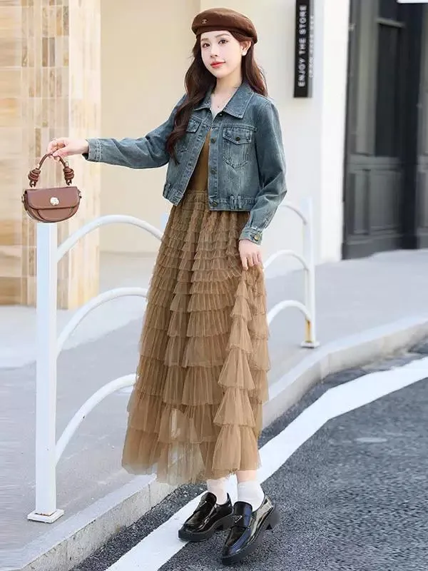 Mid-length vest mesh cake skirt suit for women 2024 autumn new denim short jacket slim two-piece suit