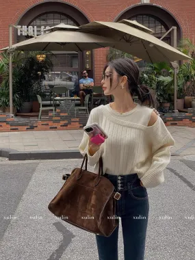 MINI STUDIO Xu Lin romantic physique 18-count wool off-shoulder knitted sweater