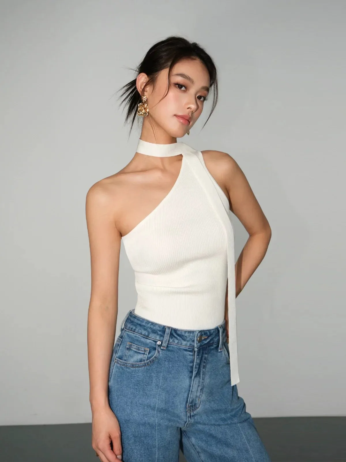 NEVA HU Black Slanted Shoulder Knitted Vest Women's Summer Suspender Slim Fit Sleeveless Sloping Collar One-Shoulder Top