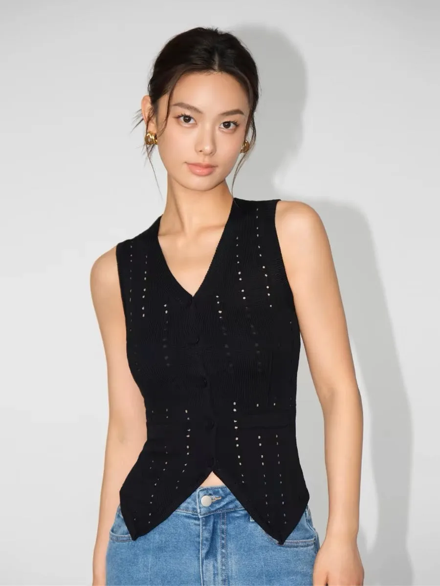 NEVA HU black V-neck knitted vest vest for women outer wear 2024 summer new slim slim waistcoat top