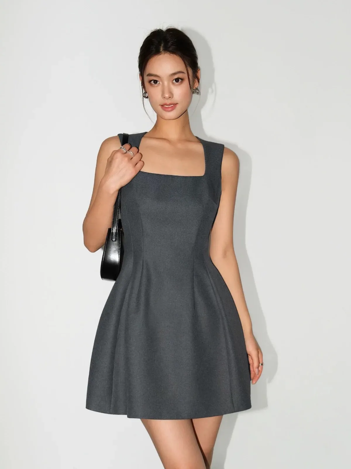 NEVA HU Gray Sleeveless Square Neck Vest Dress Women's Short 2024 Temperament Waist Small Skirt