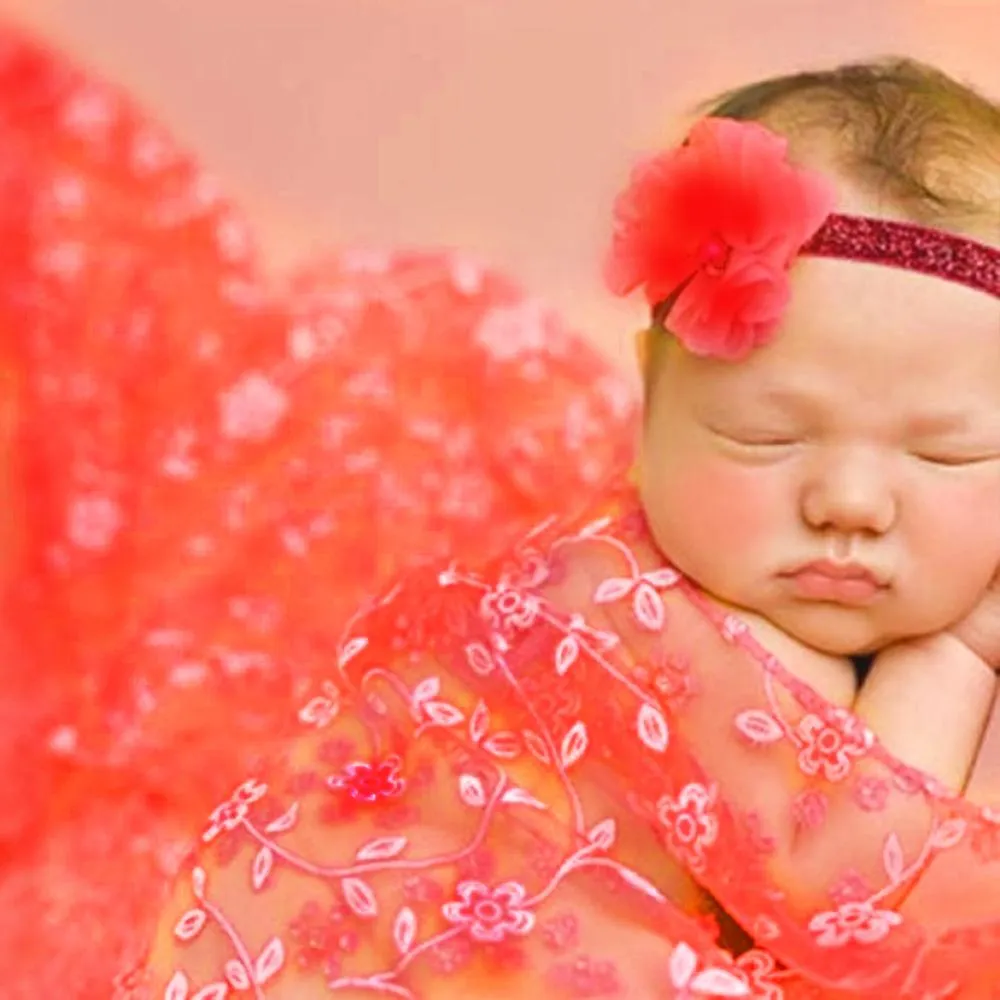 Newborn Light Red Lace Crochet Infant Blanket/Scarf - Photography Prop