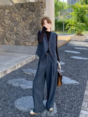 Old money style high-end vest suit for women in early autumn 2024 new Korean style commuting wide-leg pants two-piece suit