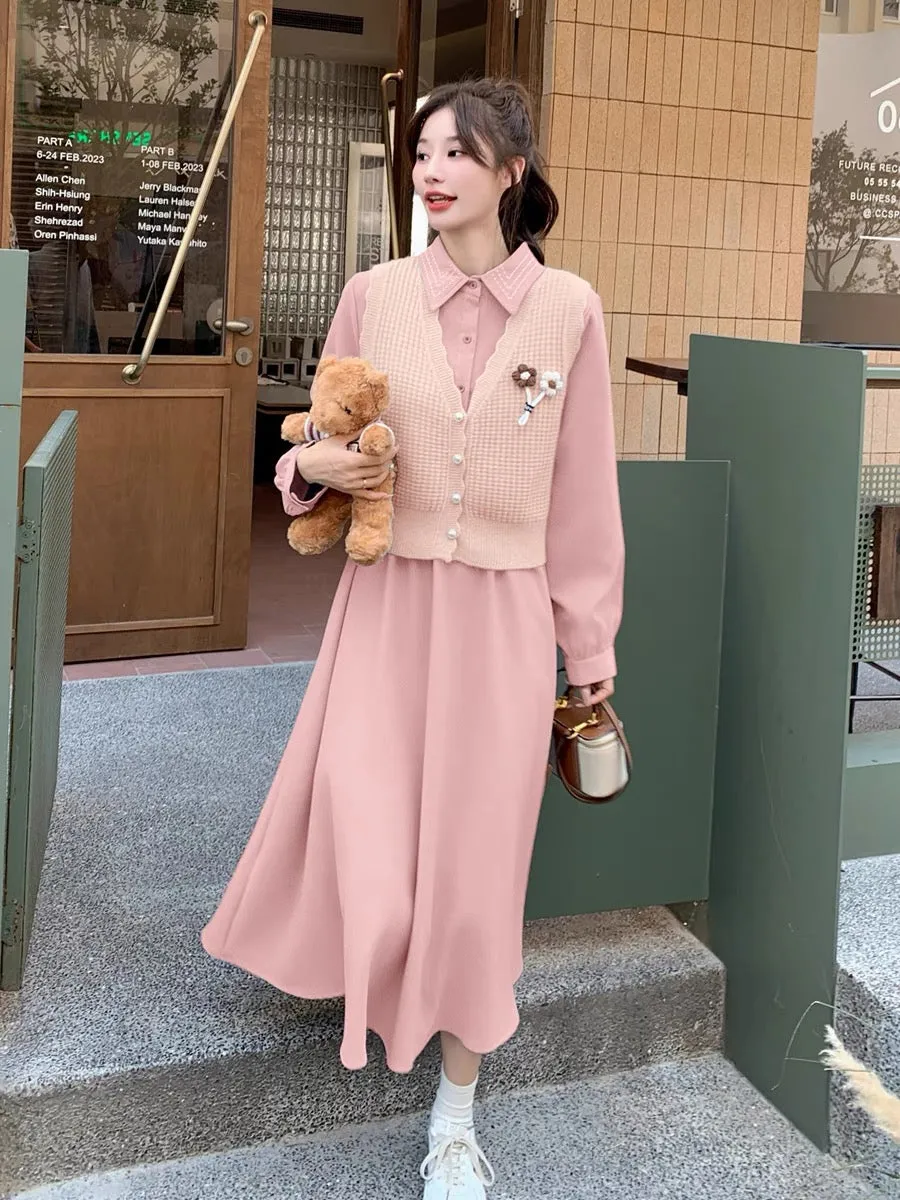 Pink dress suit for spring and autumn women 2023 new Korean style gentle style slimming and age-reducing knitted vest two-piece 