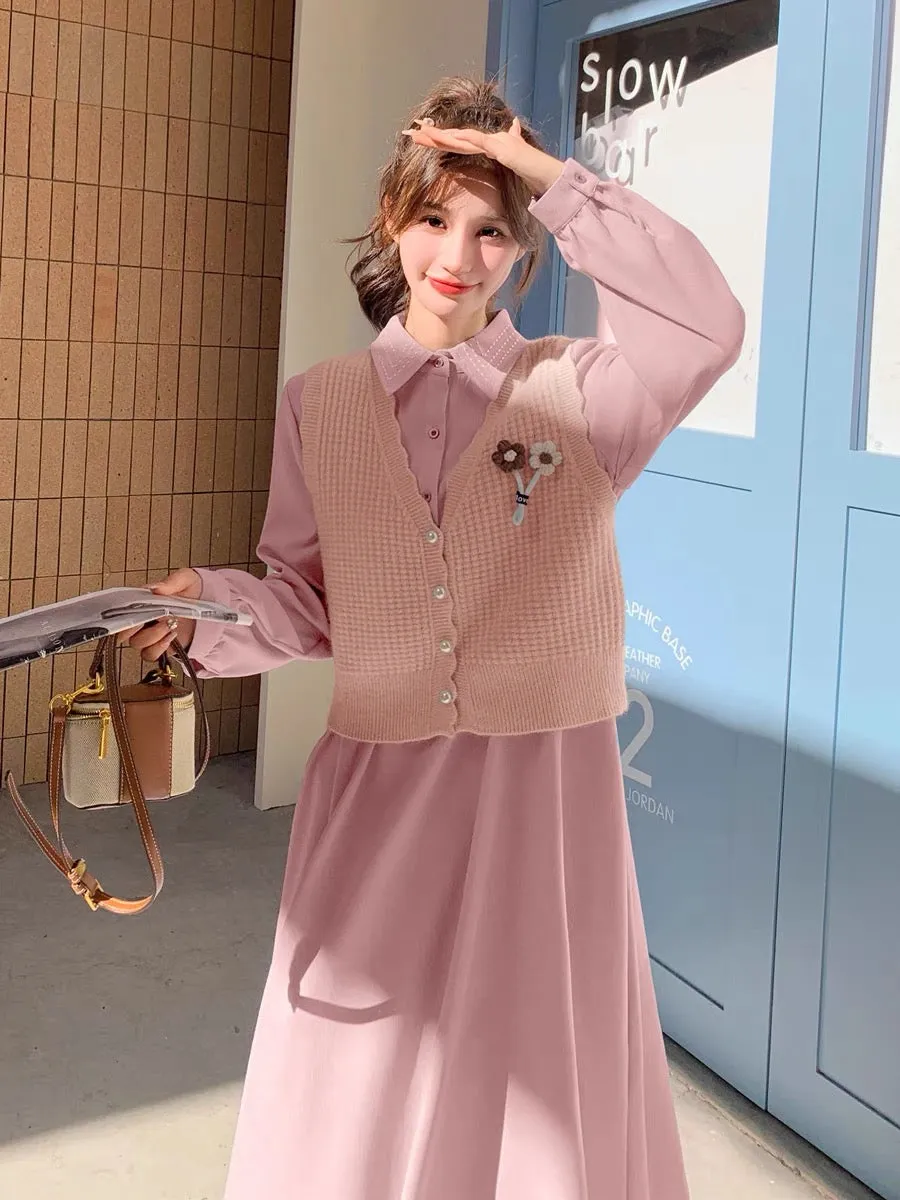 Pink dress suit for spring and autumn women 2023 new Korean style gentle style slimming and age-reducing knitted vest two-piece 