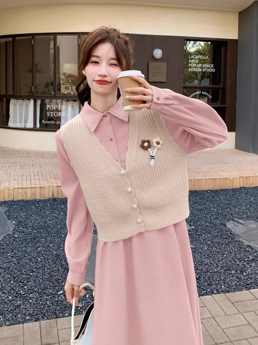 Pink dress suit for spring and autumn women 2023 new Korean style gentle style slimming and age-reducing knitted vest two-piece 