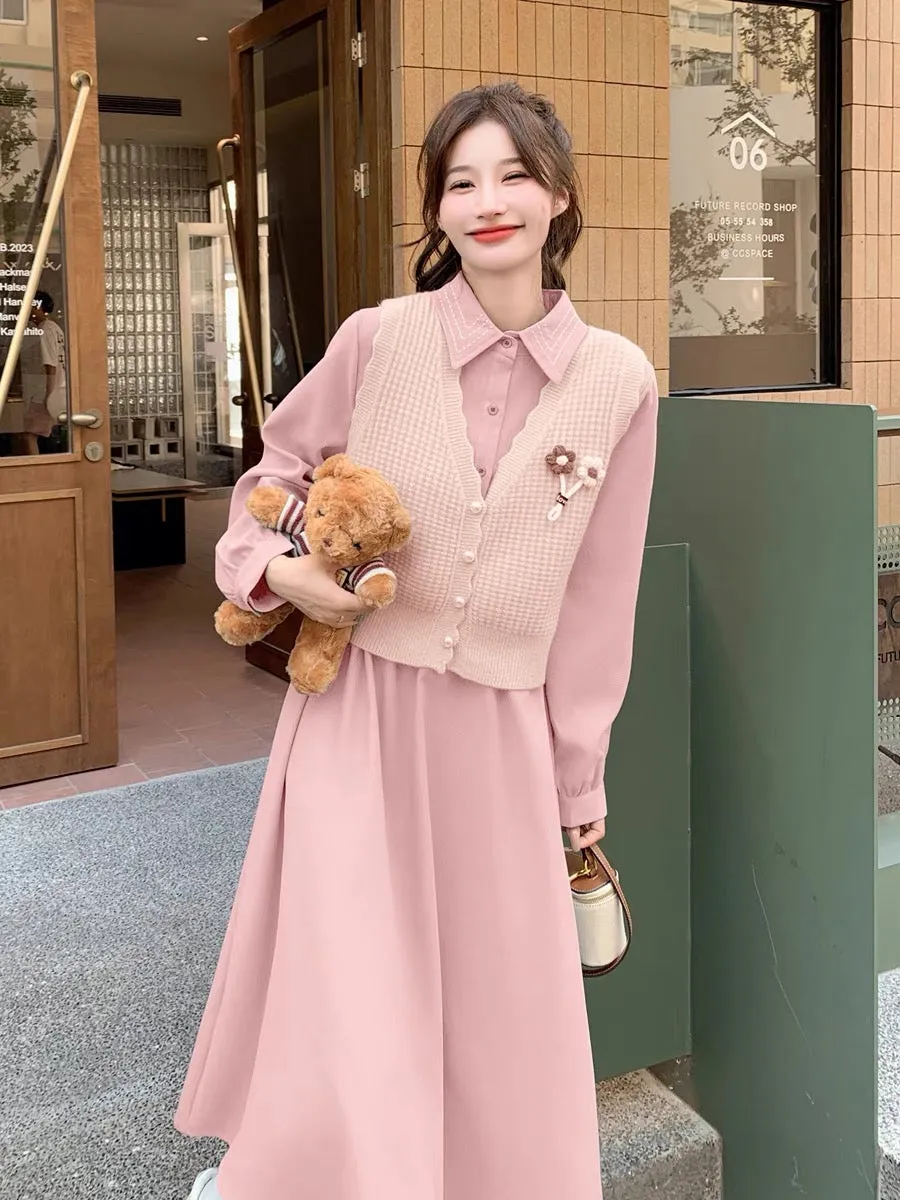 Pink dress suit for spring and autumn women 2023 new Korean style gentle style slimming and age-reducing knitted vest two-piece 