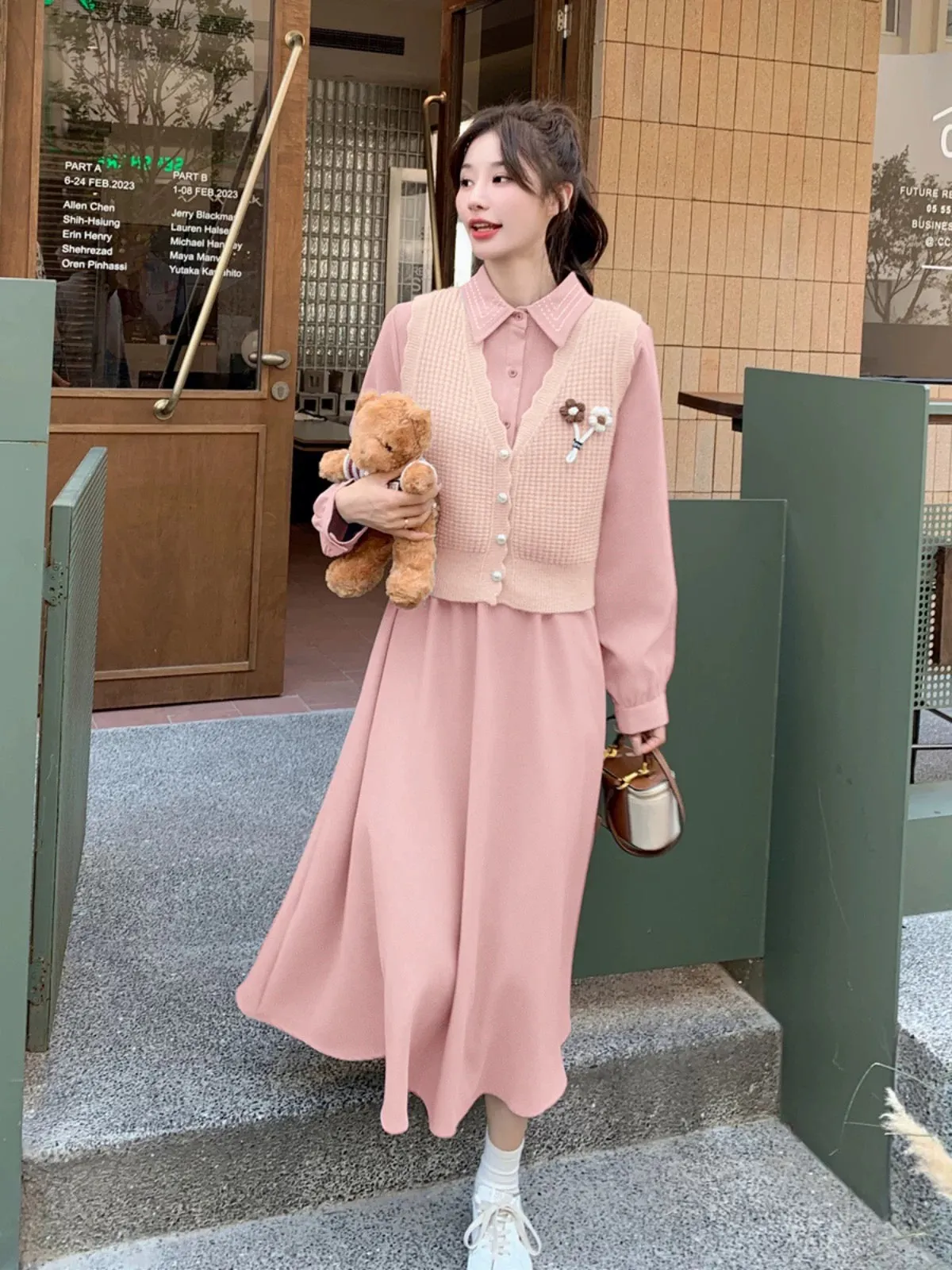 Pink knitted vest dress suit for women spring and autumn 2024 new style small high-end small dress two-piece set