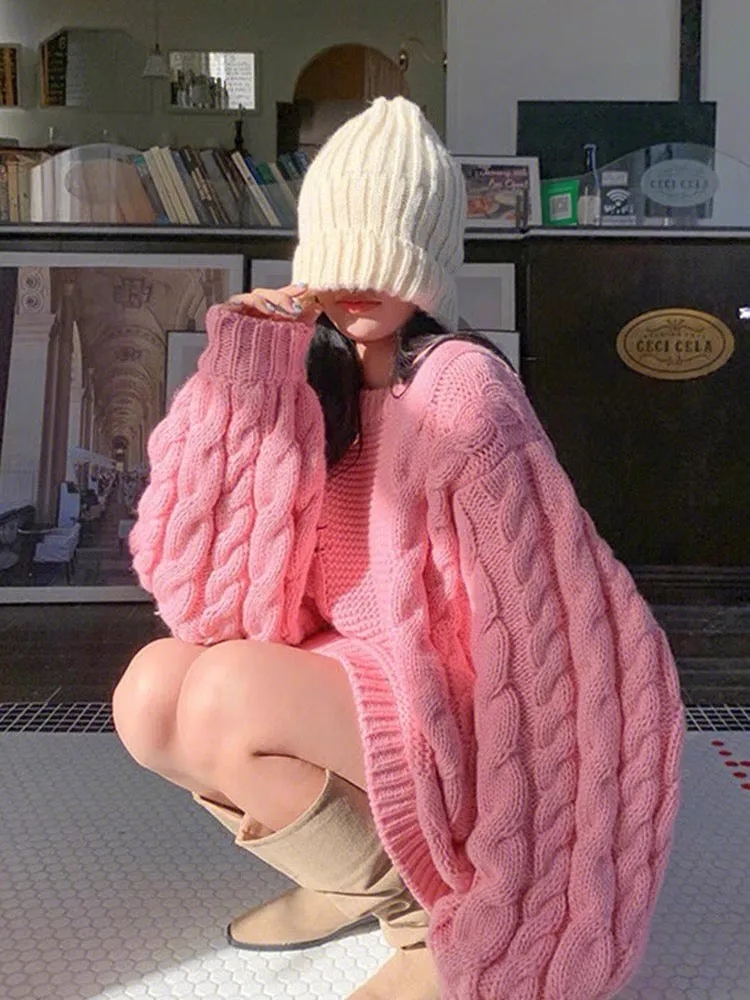 Pink soft and glutinous twist sweater for women autumn and winter 2023 new Korean style gentle mid-length lazy style sweater V11