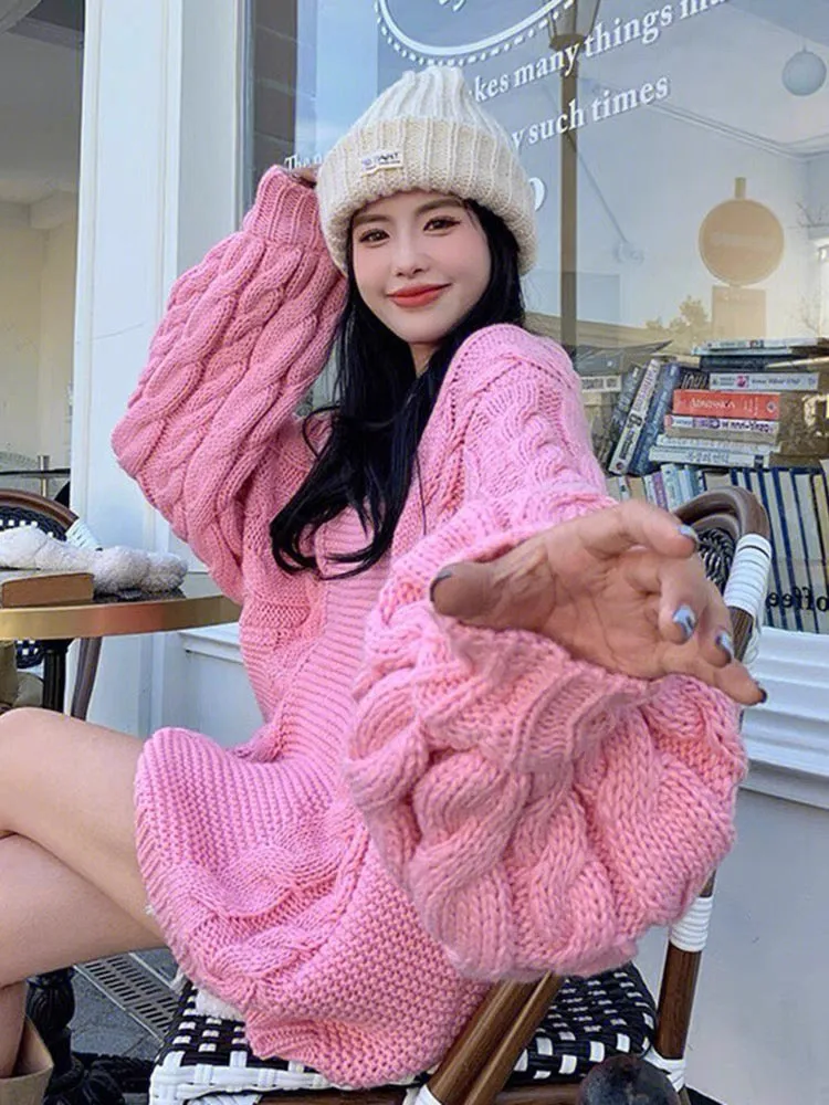 Pink soft and glutinous twist sweater for women autumn and winter 2023 new Korean style gentle mid-length lazy style sweater V11