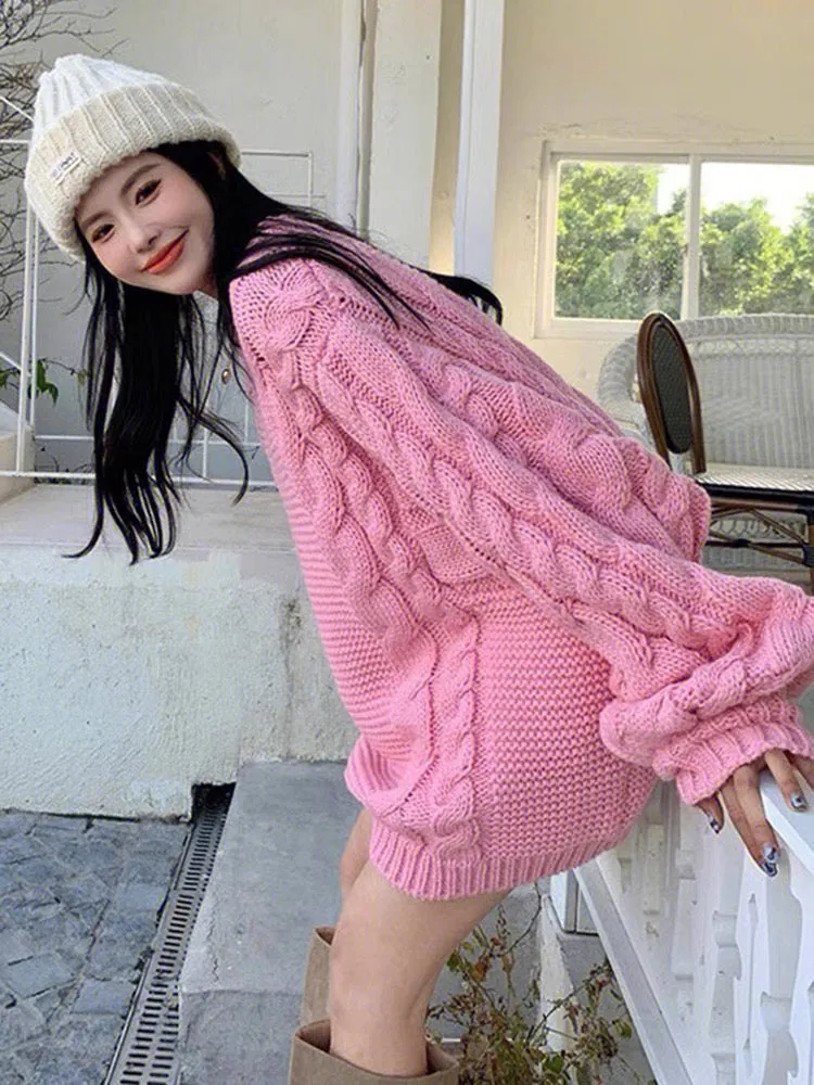 Pink soft and glutinous twist sweater for women autumn and winter 2023 new Korean style gentle mid-length lazy style sweater V11