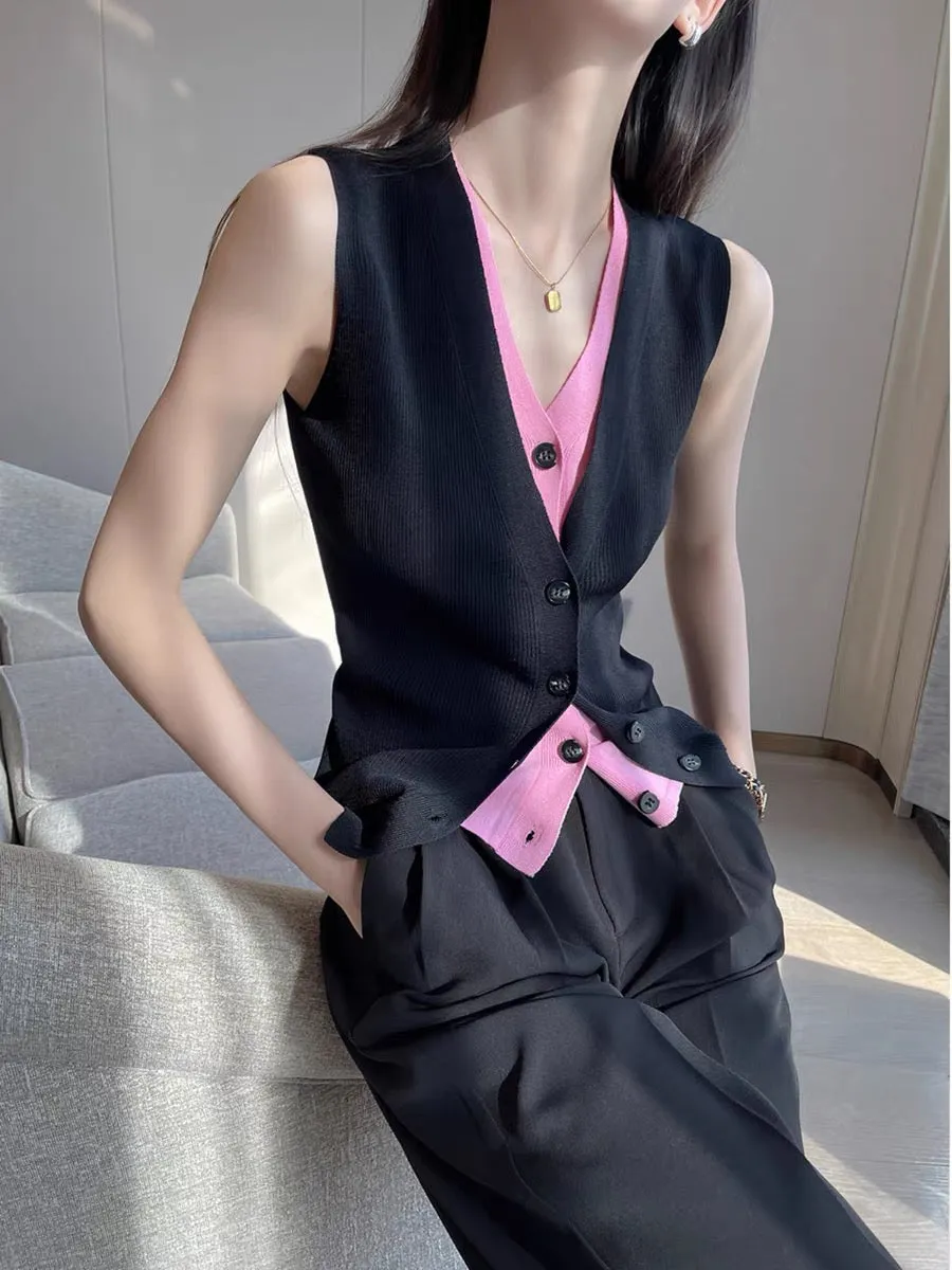 PINKEEN black and pink contrast fake two-piece sleeveless knitted vest for women summer 2024 new slim retro top