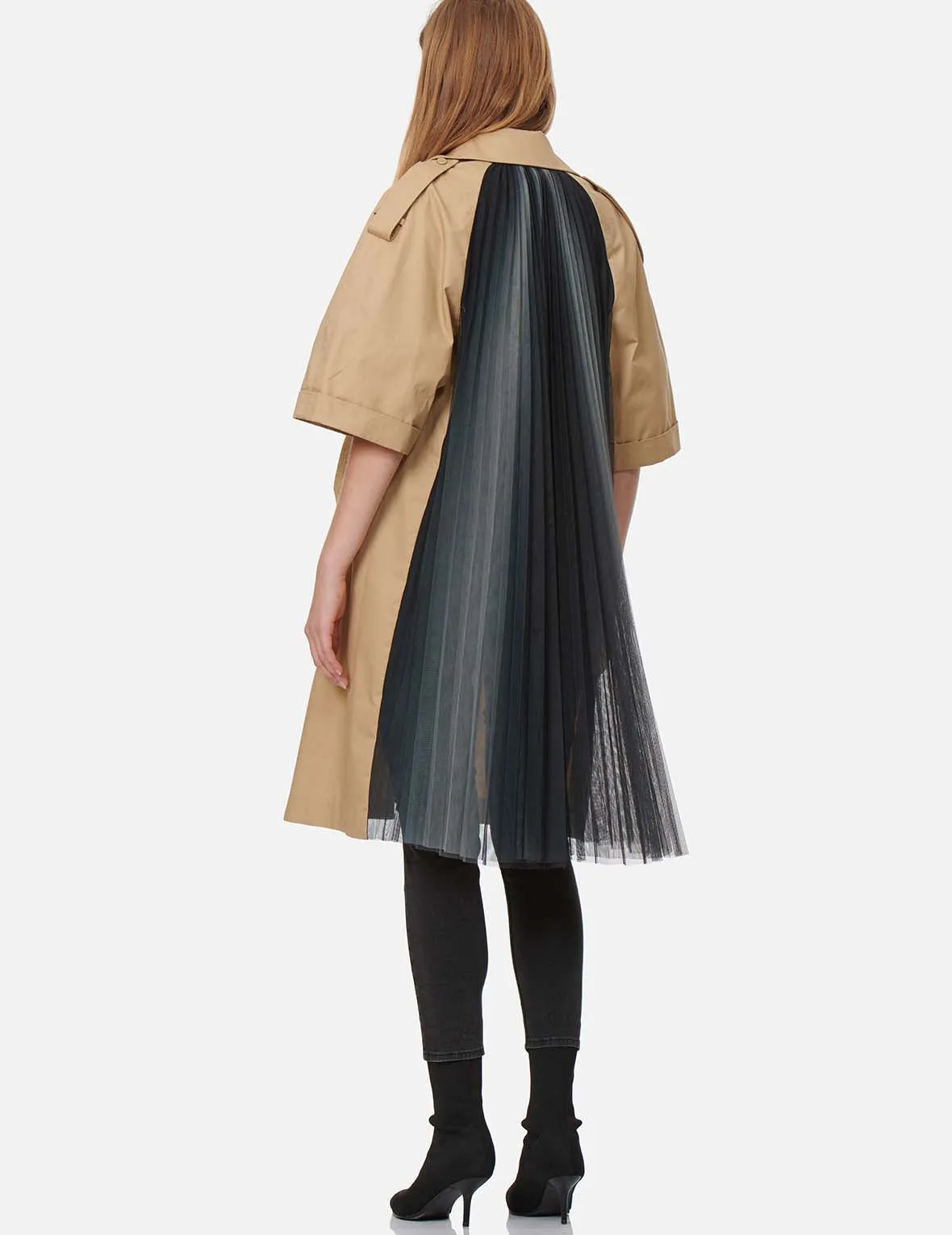 Pleated-Mesh Panelled Trench Jacket