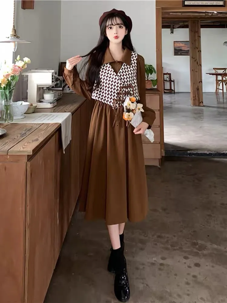 Plus size college small fragrance style two-piece suit dress autumn new style plate buckle houndstooth vest slimming long skirt 