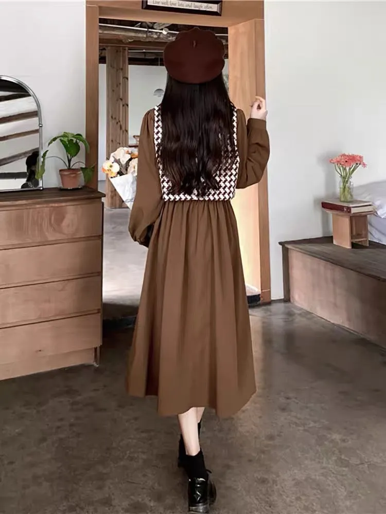 Plus size college small fragrance style two-piece suit dress autumn new style plate buckle houndstooth vest slimming long skirt 