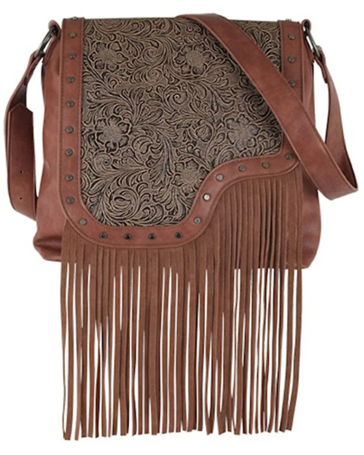 Product Name:  Catchfly Women's Asymmetrical Tooled Yoke Fringe Crossbody Bag