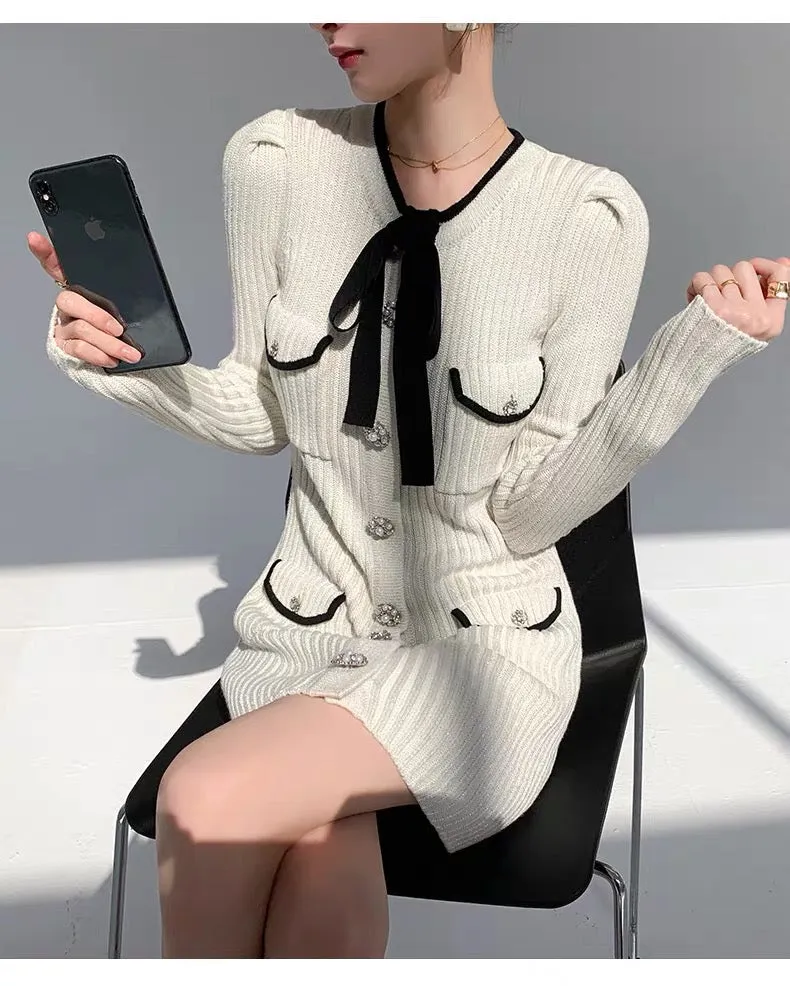 Qiu Tong Liya's same style French retro white small fragrant style knitted hip-hugging slim dress slim sweater skirt for women D