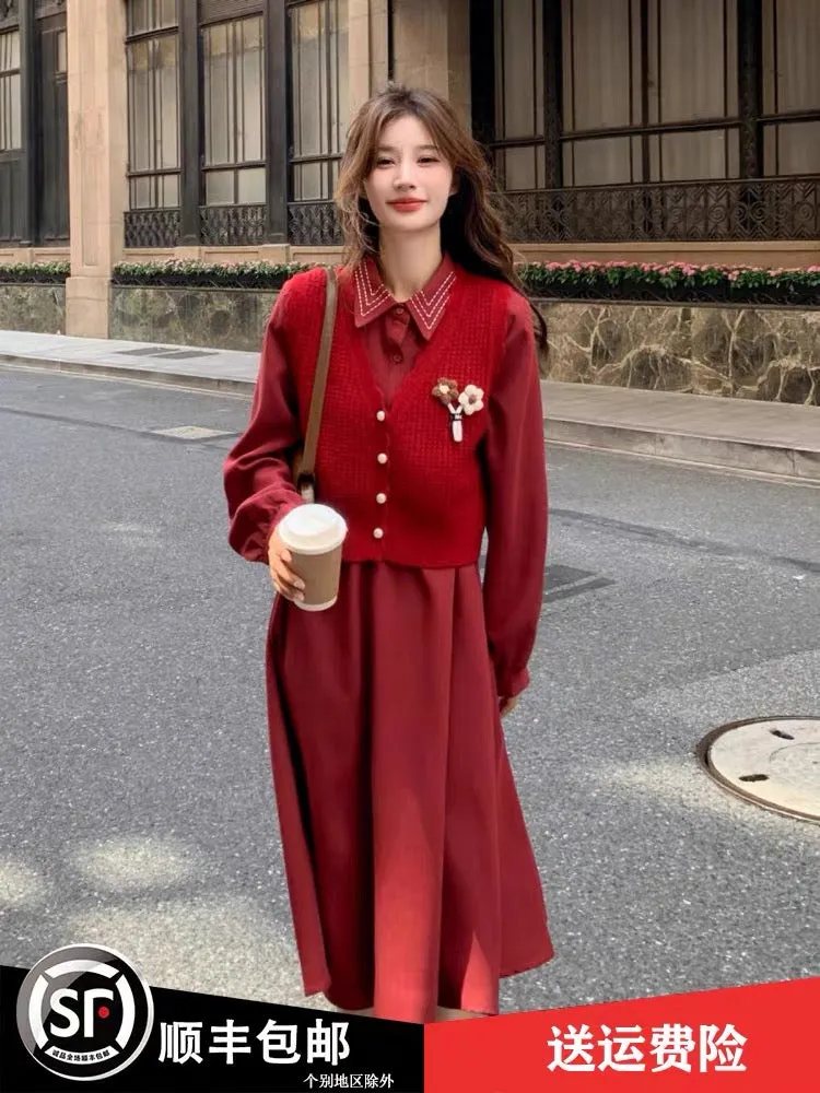 Red Polo collar dress suit autumn women 2023 new style small gentle knitted vest two-piece set trendy