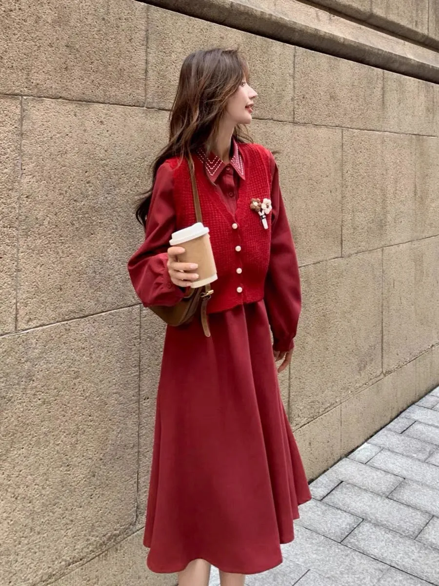 Red Polo collar dress suit autumn women 2023 new style small gentle knitted vest two-piece set trendy