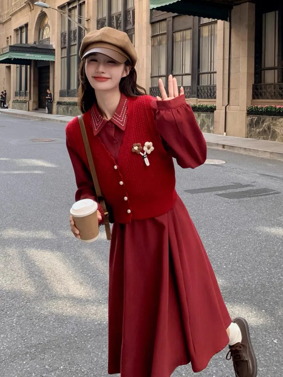 Red Polo collar dress suit autumn women 2023 new style small gentle knitted vest two-piece set trendy