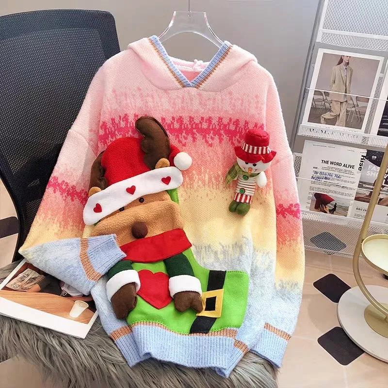 Red Sweater Women's Autumn and Winter Thickened Hooded Long Style 2023 New Year's Eve Festive Year of the Rabbit Fashionable and