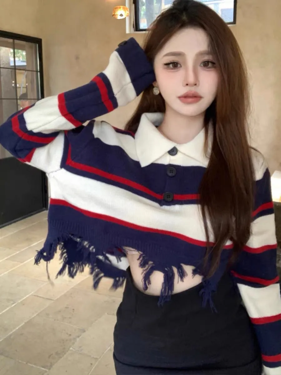 Retro contrast striped hole sweater autumn new outer wear women's polo collar design long-sleeved short sweater