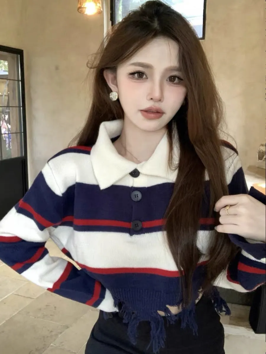 Retro contrast striped hole sweater autumn new outer wear women's polo collar design long-sleeved short sweater