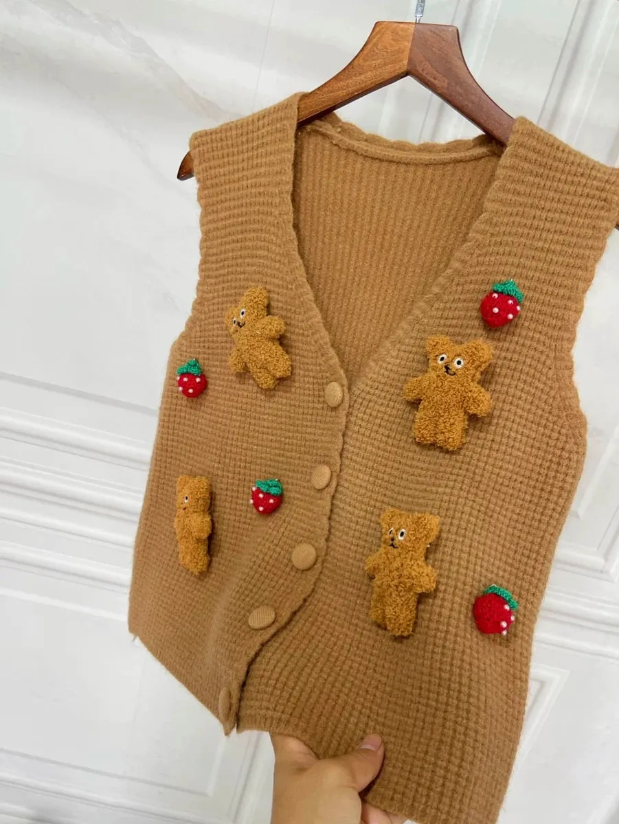 Retro rhombus vest autumn and winter new casual three-dimensional bear doll knitted sweater parent women's top trendy