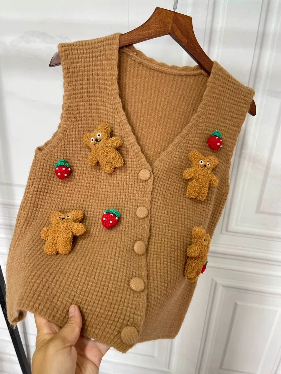 Retro rhombus vest autumn and winter new casual three-dimensional bear doll knitted sweater parent women's top trendy